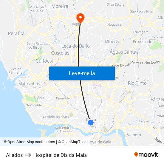 Aliados to Hospital de Dia da Maia map