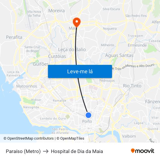 Paraíso (Metro) to Hospital de Dia da Maia map