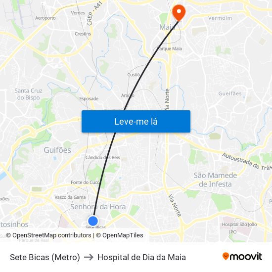 Sete Bicas (Metro) to Hospital de Dia da Maia map