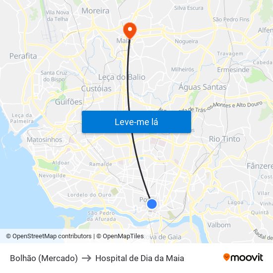 Bolhão (Mercado) to Hospital de Dia da Maia map