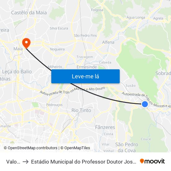 Valongo to Estádio Municipal do Professor Doutor José Vieira de Carvalho map