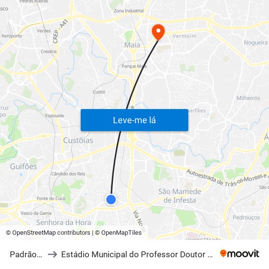 Padrão Légua to Estádio Municipal do Professor Doutor José Vieira de Carvalho map