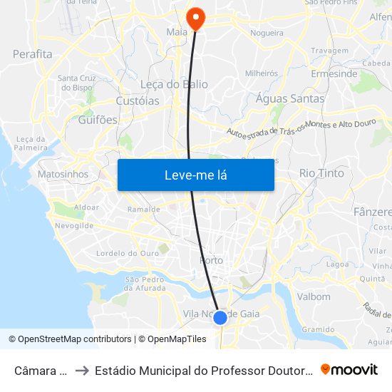 Câmara de Gaia to Estádio Municipal do Professor Doutor José Vieira de Carvalho map