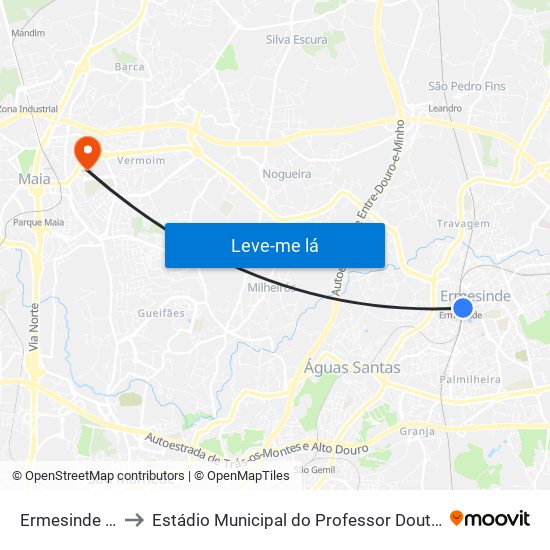 Ermesinde (Estação) to Estádio Municipal do Professor Doutor José Vieira de Carvalho map
