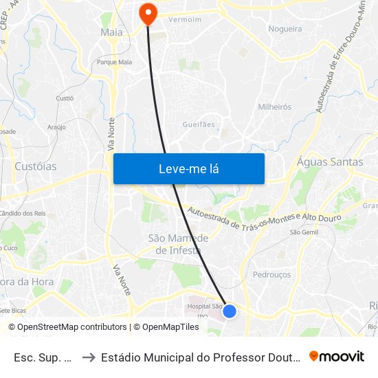 Esc. Sup. Educação to Estádio Municipal do Professor Doutor José Vieira de Carvalho map