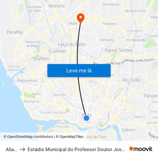 Aliados to Estádio Municipal do Professor Doutor José Vieira de Carvalho map