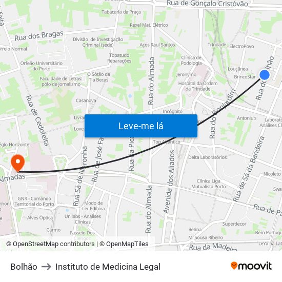 Bolhão to Instituto de Medicina Legal map