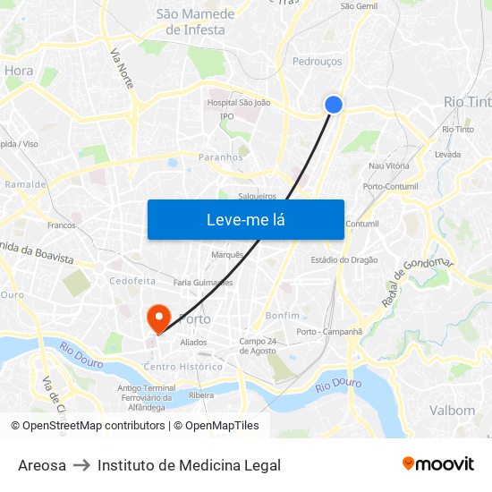 Areosa to Instituto de Medicina Legal map