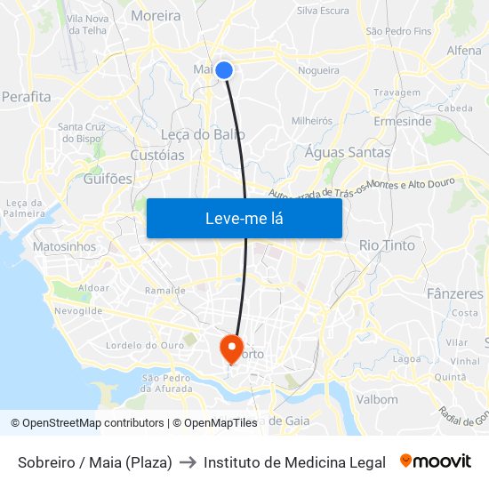 Sobreiro / Maia (Plaza) to Instituto de Medicina Legal map