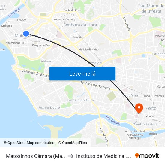 Matosinhos Câmara (Matc1) to Instituto de Medicina Legal map