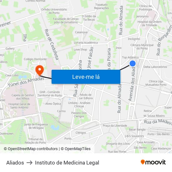 Aliados to Instituto de Medicina Legal map