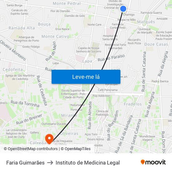 Faria Guimarães to Instituto de Medicina Legal map