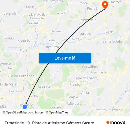 Ermesinde to Pista de Atletismo Gémeos Castro map