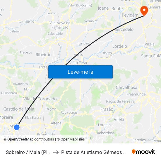 Sobreiro / Maia (Plaza) to Pista de Atletismo Gémeos Castro map