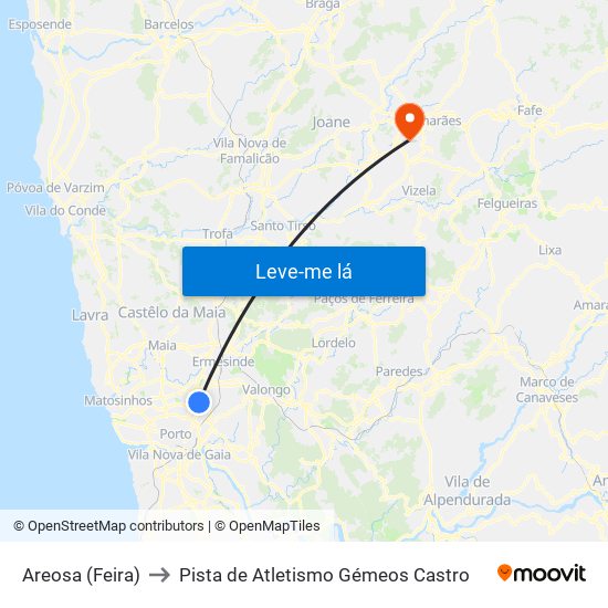 Areosa (Feira) to Pista de Atletismo Gémeos Castro map