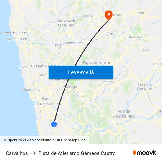 Carvalhos to Pista de Atletismo Gémeos Castro map