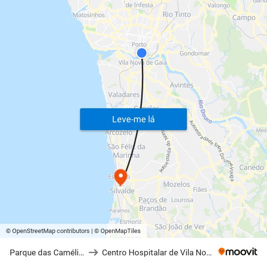 Parque das Camélias (Terminal) to Centro Hospitalar de Vila Nova de Gaia / Espinho map