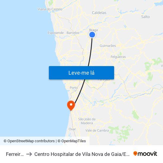 Ferreiros to Centro Hospitalar de Vila Nova de Gaia / Espinho map