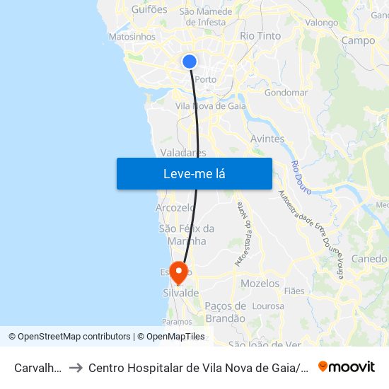 Carvalhido to Centro Hospitalar de Vila Nova de Gaia / Espinho map