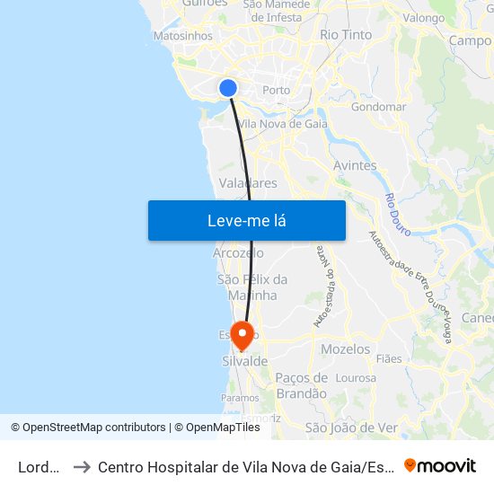 Lordelo to Centro Hospitalar de Vila Nova de Gaia / Espinho map