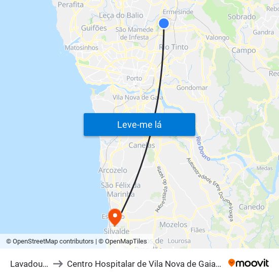 Lavadouros to Centro Hospitalar de Vila Nova de Gaia / Espinho map