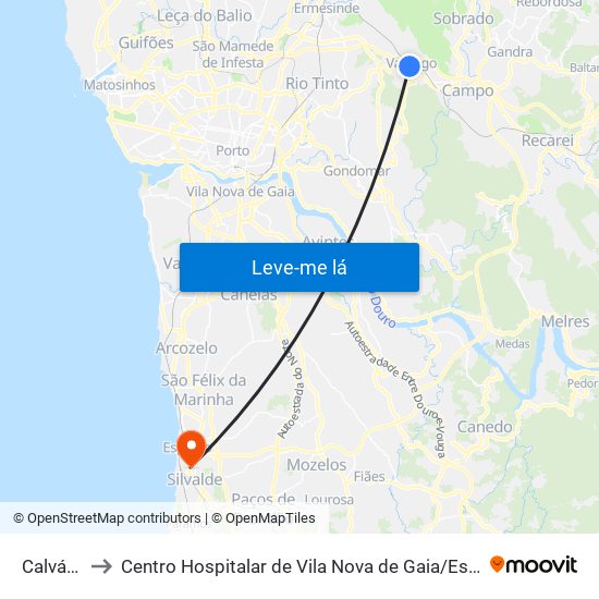 Calvário to Centro Hospitalar de Vila Nova de Gaia / Espinho map