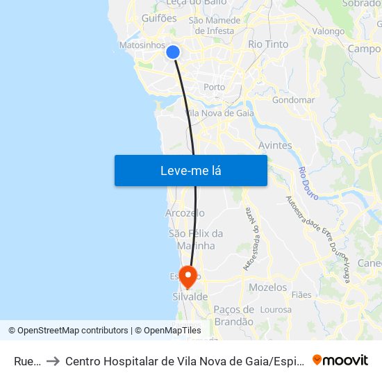 Ruela to Centro Hospitalar de Vila Nova de Gaia / Espinho map