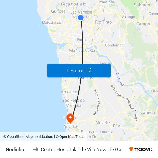 Godinho Faria to Centro Hospitalar de Vila Nova de Gaia / Espinho map