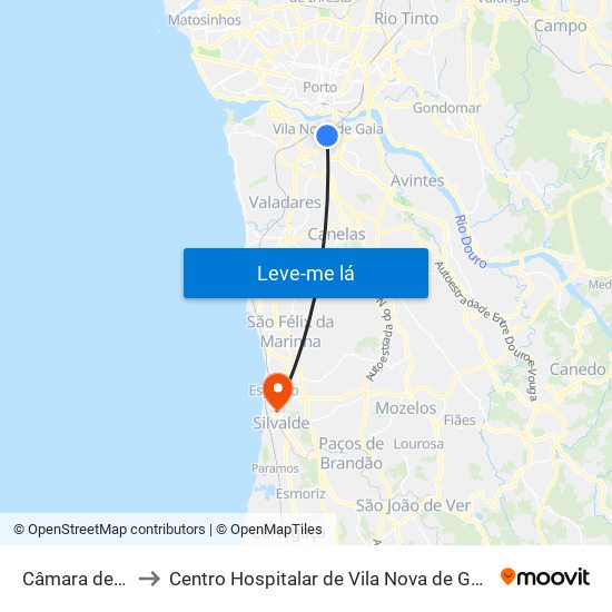 Câmara de Gaia to Centro Hospitalar de Vila Nova de Gaia / Espinho map
