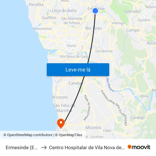 Ermesinde (Estação) to Centro Hospitalar de Vila Nova de Gaia / Espinho map