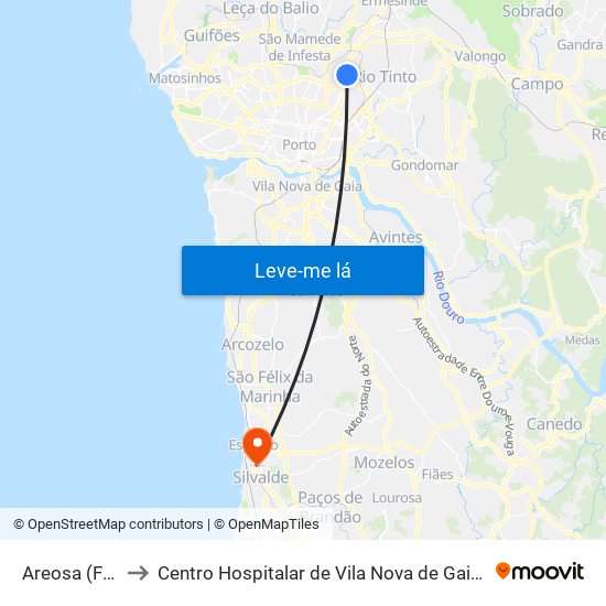 Areosa (Feira) to Centro Hospitalar de Vila Nova de Gaia / Espinho map