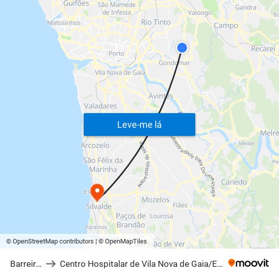 Barreiros to Centro Hospitalar de Vila Nova de Gaia / Espinho map