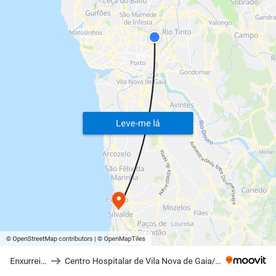 Enxurreiras to Centro Hospitalar de Vila Nova de Gaia / Espinho map