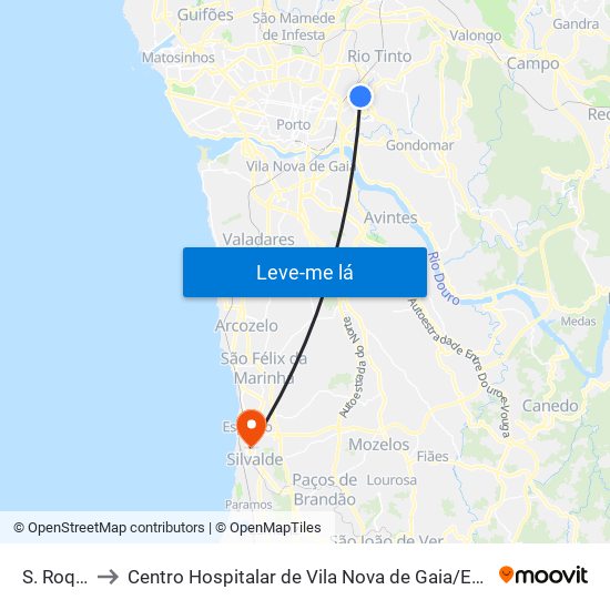 S. Roque to Centro Hospitalar de Vila Nova de Gaia / Espinho map