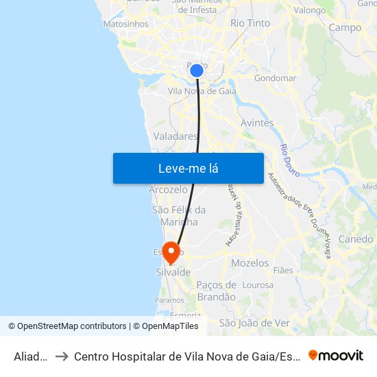 Aliados to Centro Hospitalar de Vila Nova de Gaia / Espinho map