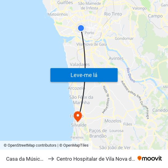 Casa da Música (Metro) to Centro Hospitalar de Vila Nova de Gaia / Espinho map