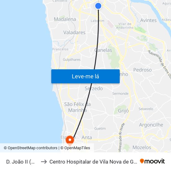 D. João II (Metro) to Centro Hospitalar de Vila Nova de Gaia / Espinho map