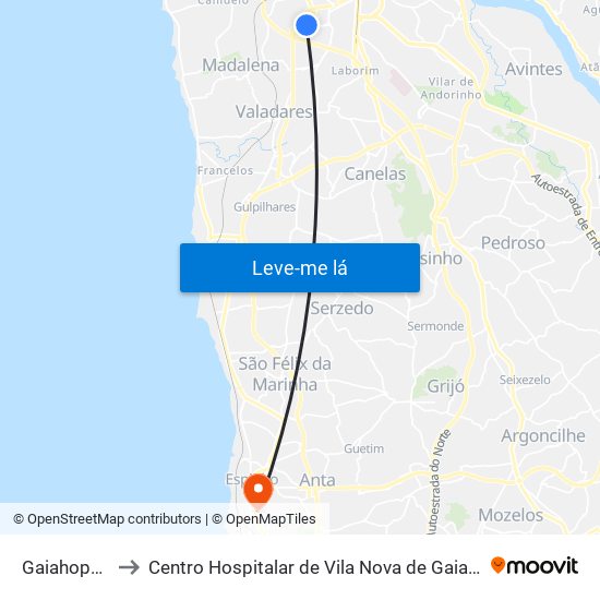 Gaiahopping to Centro Hospitalar de Vila Nova de Gaia / Espinho map