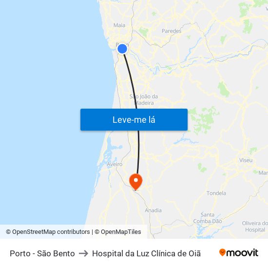 Porto - São Bento to Hospital da Luz Clínica de Oiã map