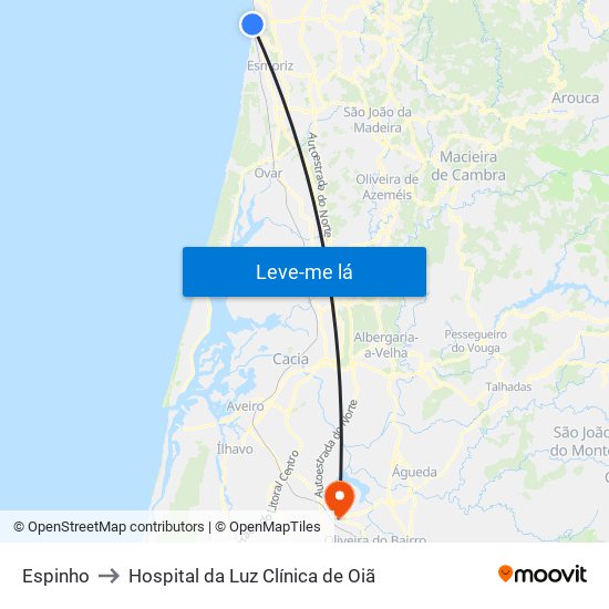 Espinho to Hospital da Luz Clínica de Oiã map