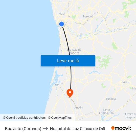 Boavista (Correios) to Hospital da Luz Clínica de Oiã map