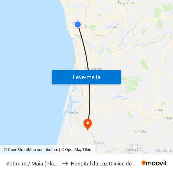 Sobreiro / Maia (Plaza) to Hospital da Luz Clínica de Oiã map