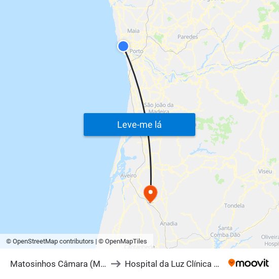 Matosinhos Câmara (Matc1) to Hospital da Luz Clínica de Oiã map