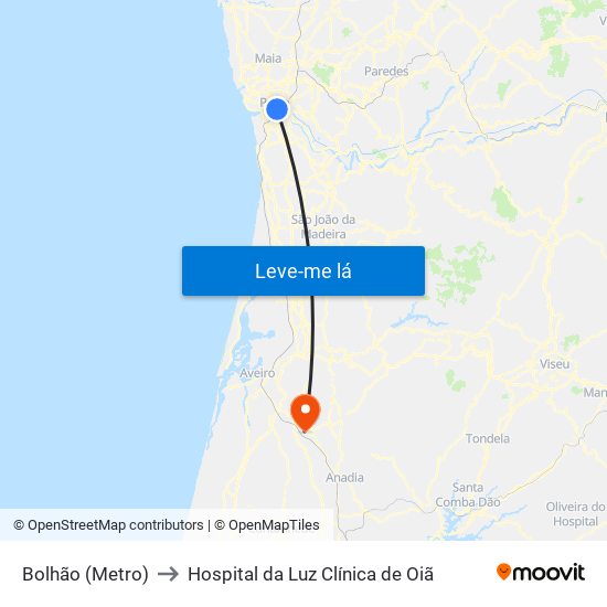 Bolhão (Metro) to Hospital da Luz Clínica de Oiã map