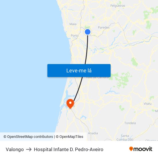 Valongo to Hospital Infante D. Pedro-Aveiro map