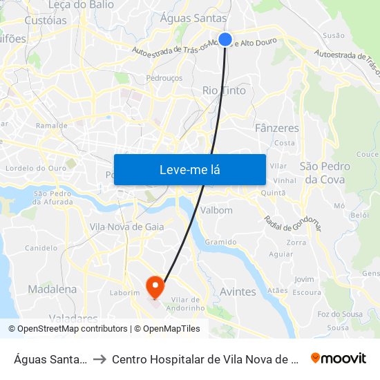 Águas Santas - Palmilheira to Centro Hospitalar de Vila Nova de Gaia-Hospital Eduardo Santos Silva map