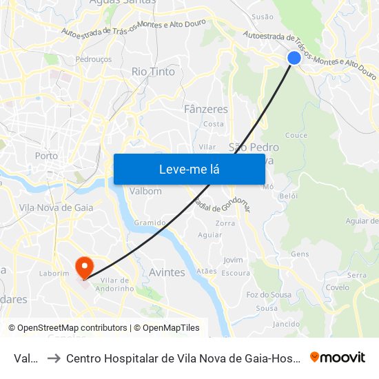 Valongo to Centro Hospitalar de Vila Nova de Gaia-Hospital Eduardo Santos Silva map