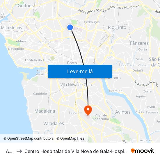 Amial to Centro Hospitalar de Vila Nova de Gaia-Hospital Eduardo Santos Silva map