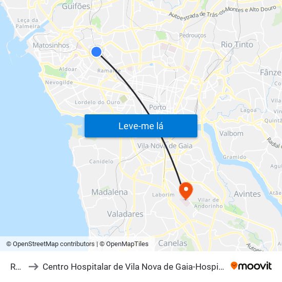 Ruela to Centro Hospitalar de Vila Nova de Gaia-Hospital Eduardo Santos Silva map