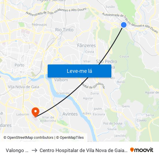 Valongo (Estação) to Centro Hospitalar de Vila Nova de Gaia-Hospital Eduardo Santos Silva map